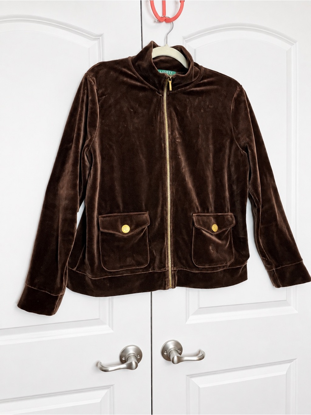 Lauren Ralph Lauren Brown Velour Jacket XL Gold RL Buttons Full Zip